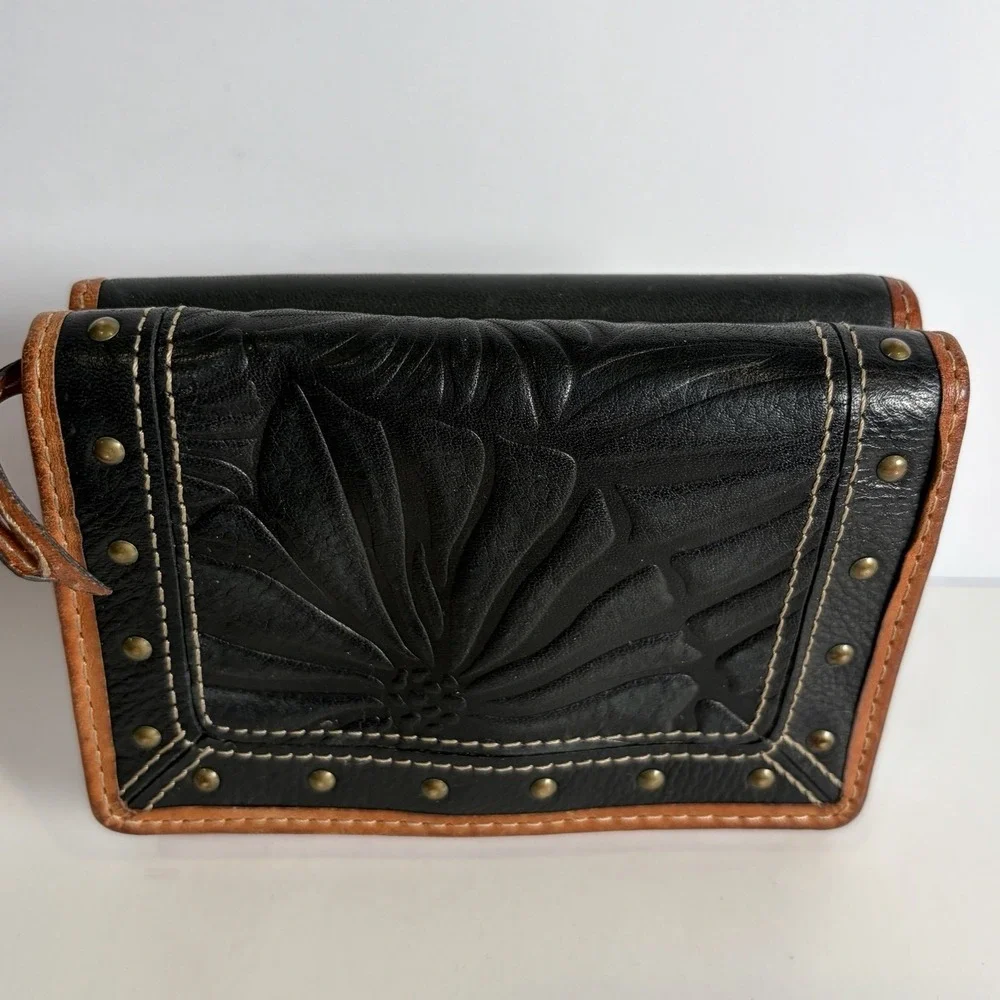 Fossil Women's Wallet Studded Tooled Leather Floral Black Brown